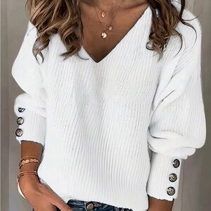 Women's White V-Neck Ribbed Sweater with Button Cuffs